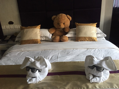 服务态度超好的 酒店房间装修的挺精致 床上用浴巾和毛巾折的大象和