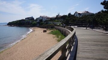 可以顺着【滨海木栈道】,游览【天地间】,【音乐广场】,【五四