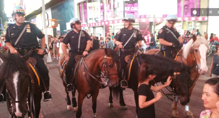 看见了名闻遐迩的纽约骑警,五匹高头大马上跨骑者五员威风凛凛的美国