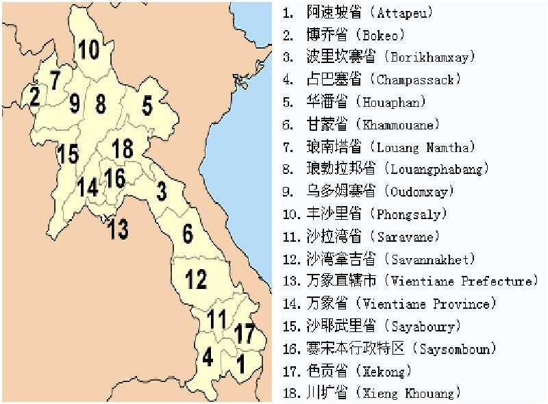 老挝各省名称及地理位置分布