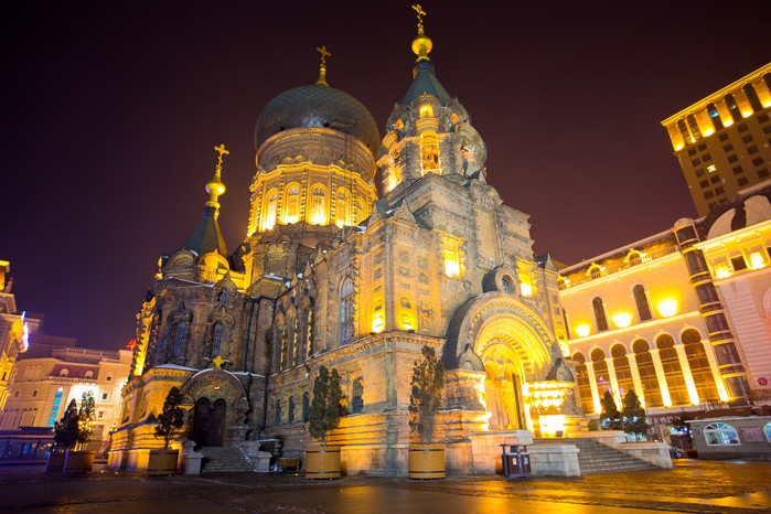 夜色下的哈尔滨,索菲亚大教堂,中央大街