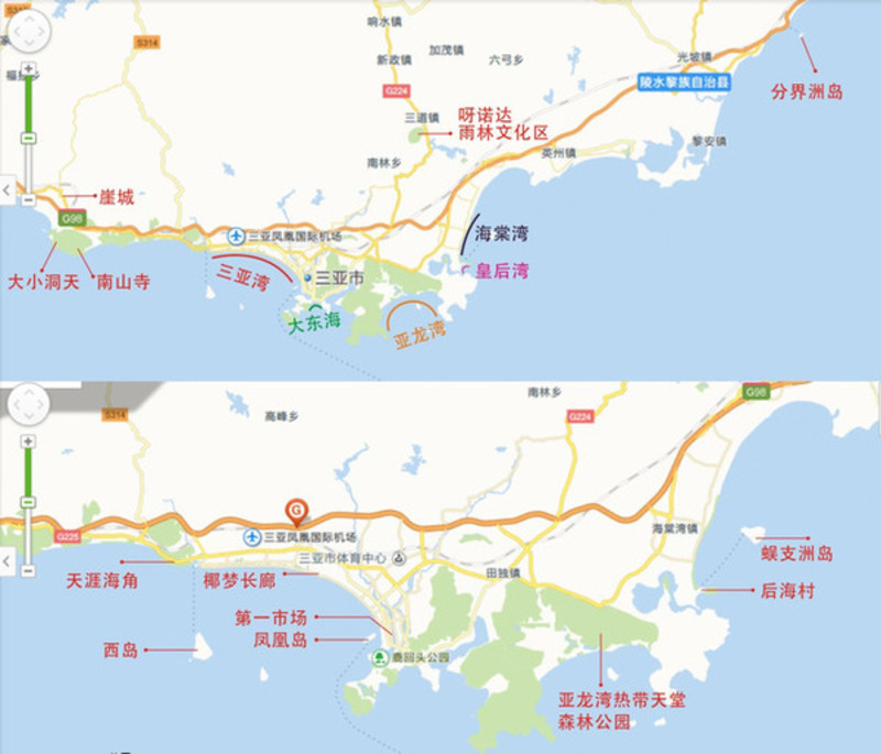 从左至右依次为三亚湾,大东海,亚龙湾,海棠