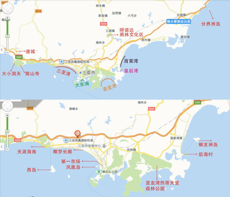 至右依次为三亚湾,大东海,亚龙湾,海棠湾,分界洲岛,沿途分布各种景点