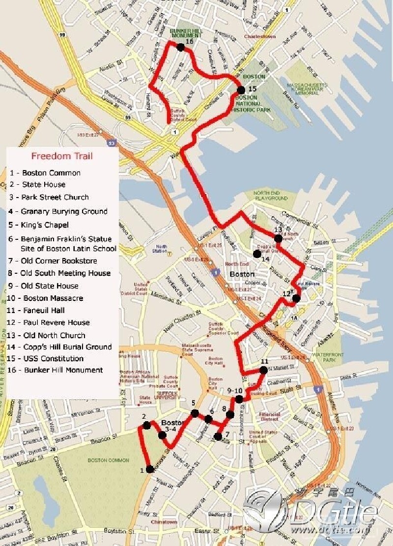 地图"自由之路"是一条由红砖铺成的道路,起点始于美国最古老的波士顿