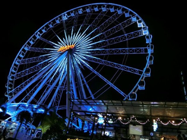 硕大的摩天轮,夜间绽放出紫色的色彩,广场上又有现场音乐,营造出了一