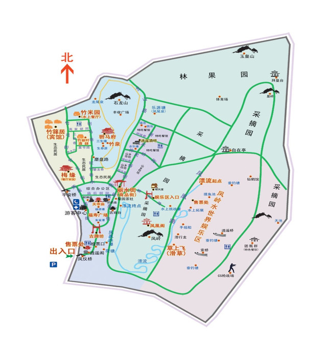 景区入口→五福广场→庙宇→三生源→竹泉→驸马府→水街→梅园