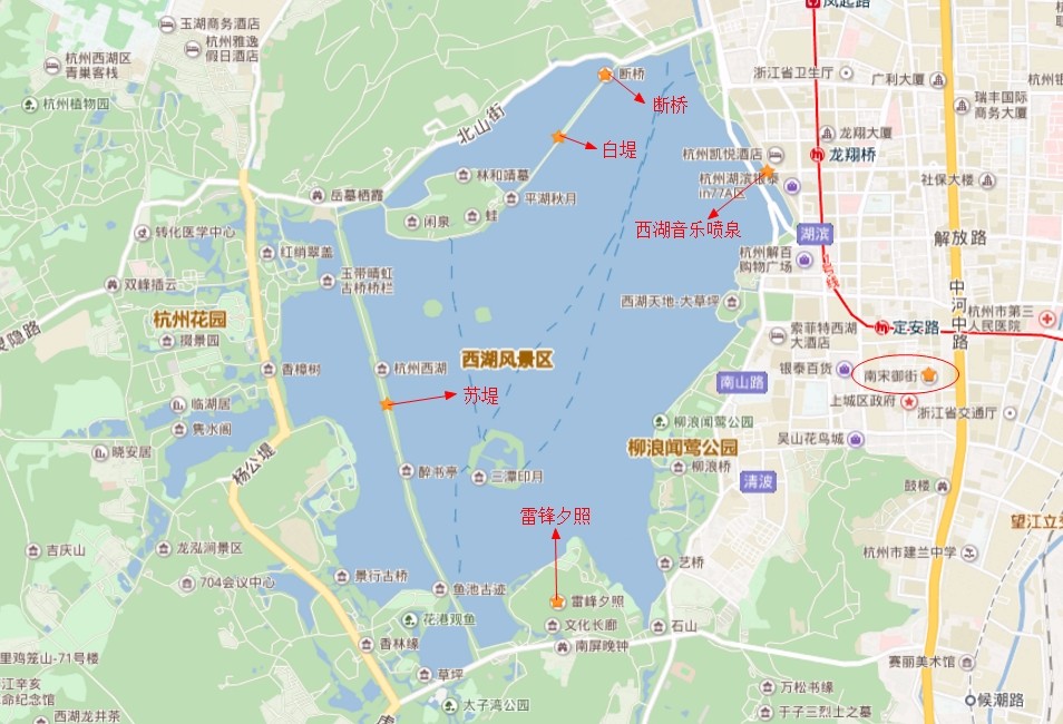杭州市区内要景点分布图,机场大巴到达西湖约1小时30分钟车程,杭州