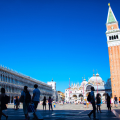 Piazza San Marco with the Basilica of Saint Mark and the bell tower of St Mark's Campanile (Campanile di San Marco) in Venice, Italy