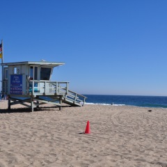 Lifeguard stand on Zuma Beach, Malibu, California, United States. 