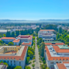 Aerial View of Berkeley University Campus and San Francisco Bay, California, USA. Tilt-shift effect applied