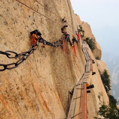 Dangerous walkway via ferrataat top of holy Mount Hua Shan in Shaanxi province near Xi'an, China