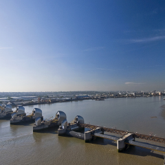 view over river thames the barrier and city of london