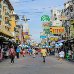 Bangkok, Thailand - July 25, 2015: tourists walk along backpacker haven Khao San Road and tuktuk around in Bangkok, Thailand