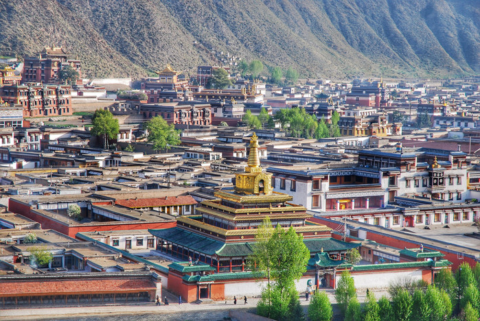 早起去拉卜楞寺对面的山坡上拍观拉卜楞寺全景,清晨的拉卜楞寺就已经