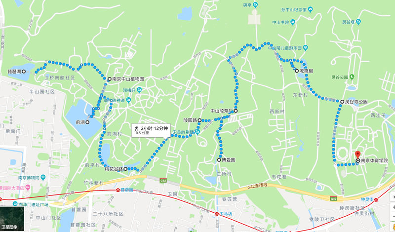 琶湖——中山植物园——前湖——梅花谷路——陵园大道——中山陵绿道