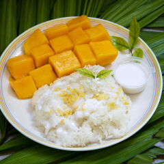 Famous Thai dessert , Mango with sticky rice and coconut milk