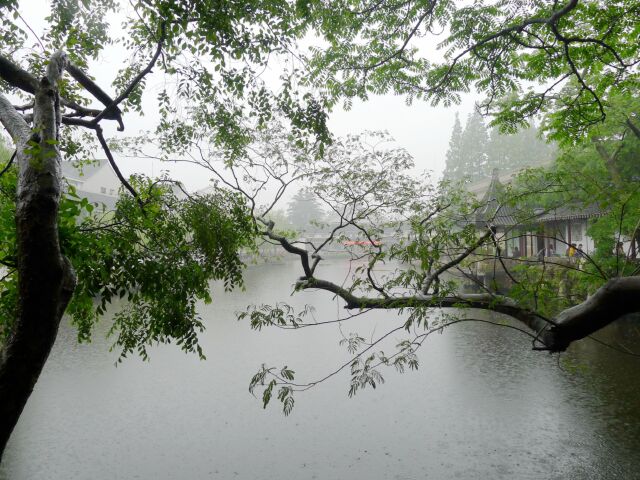 蒙蒙的细雨给水面打上圆圆的印记,湿润的空气给人们带来如梦的陶醉