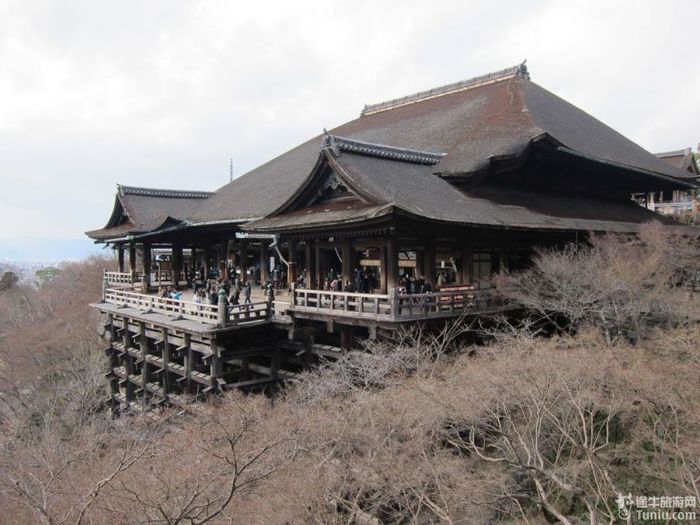 清水寺的舞台建在半山腰上,也是日本的国宝级建筑,全木质结构,没有用