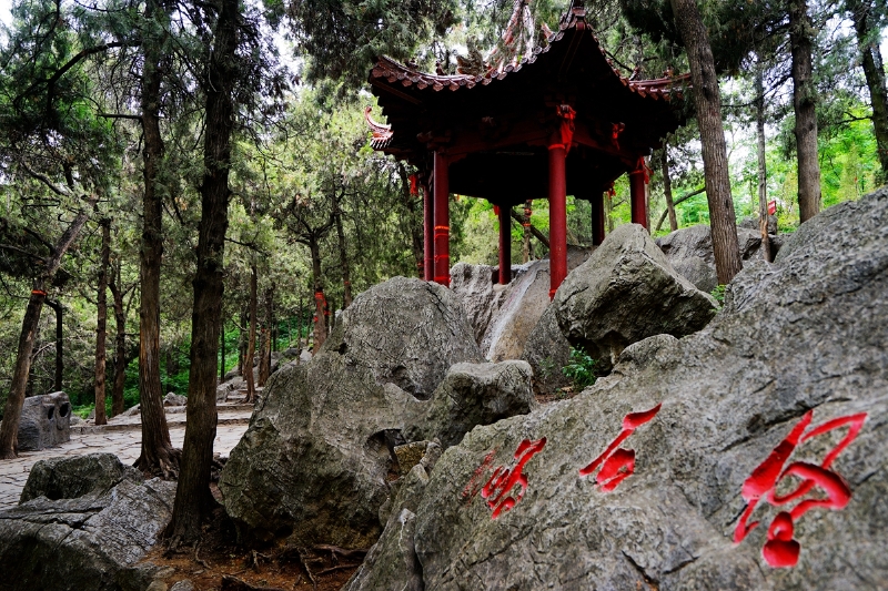 在怪石丛中的树荫下,建有文心亭,纪念文心雕龙藏书1460周年.