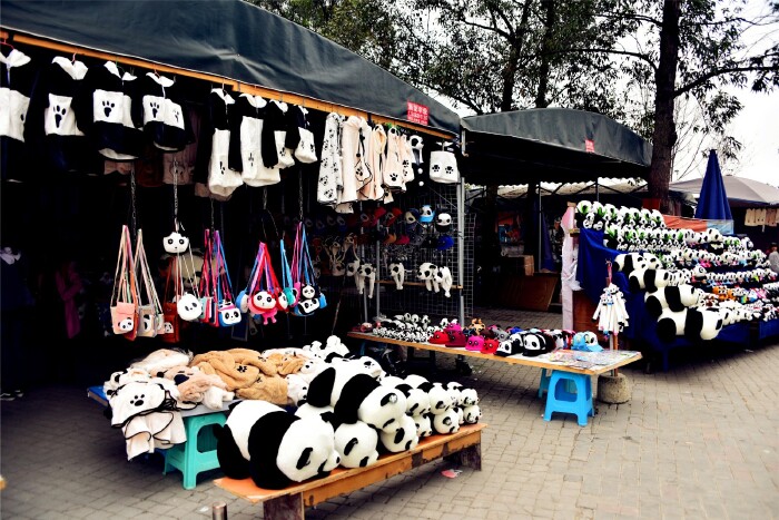 景区停车场周围的纪念品商店,这里的纪念品几乎全是以大熊猫为主题.