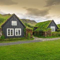 Traditional Icelandic houses with grass roof,  Iceland