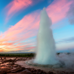 Erupting of Geysir geyser in southwestern Iceland, Europe.