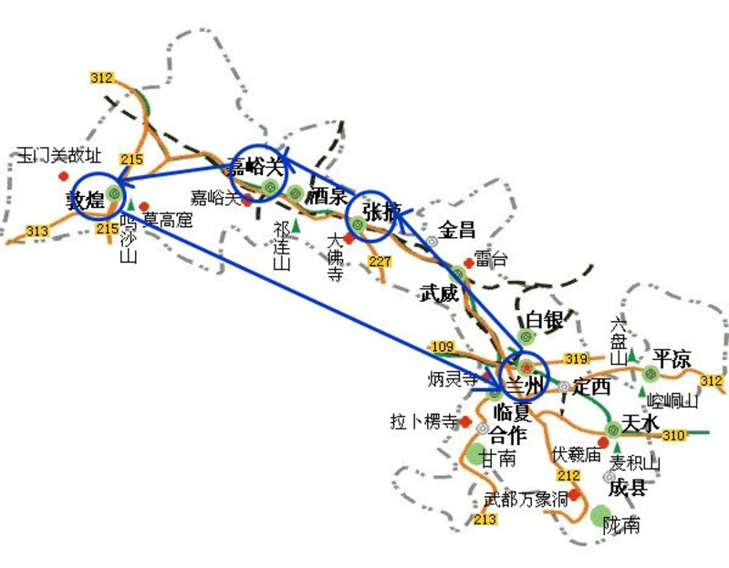 從地圖可以清楚知道,從蘭州到敦煌,絲路怎麼走都是一個環狀線路,沿路