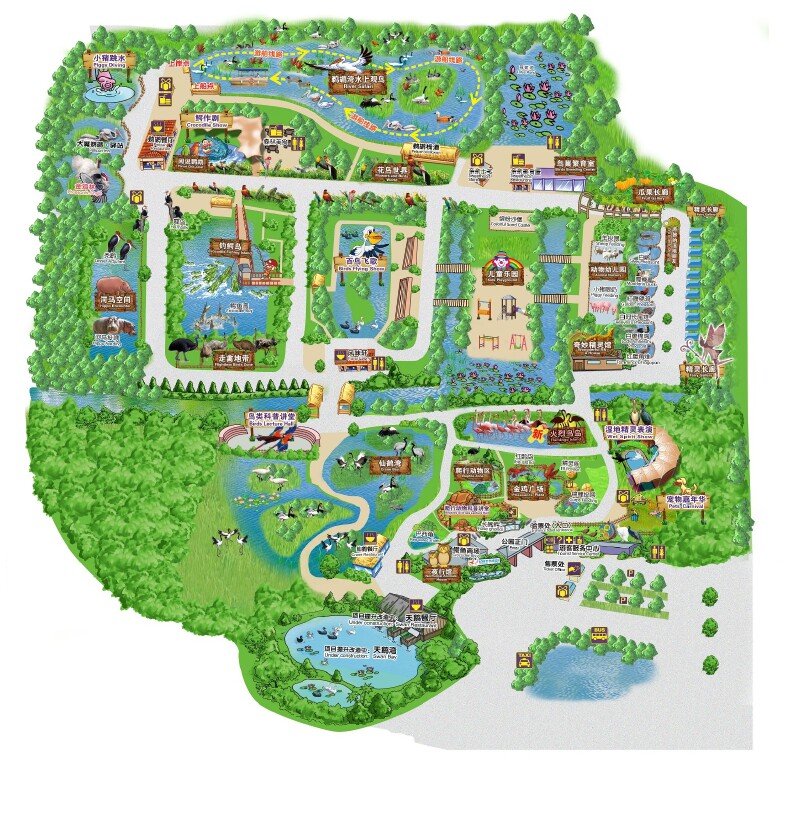 飞歌↓仙鹤湾↓钓鳄岛↓小猪跳水↓鳄作剧↓end长隆飞鸟乐园官方地图