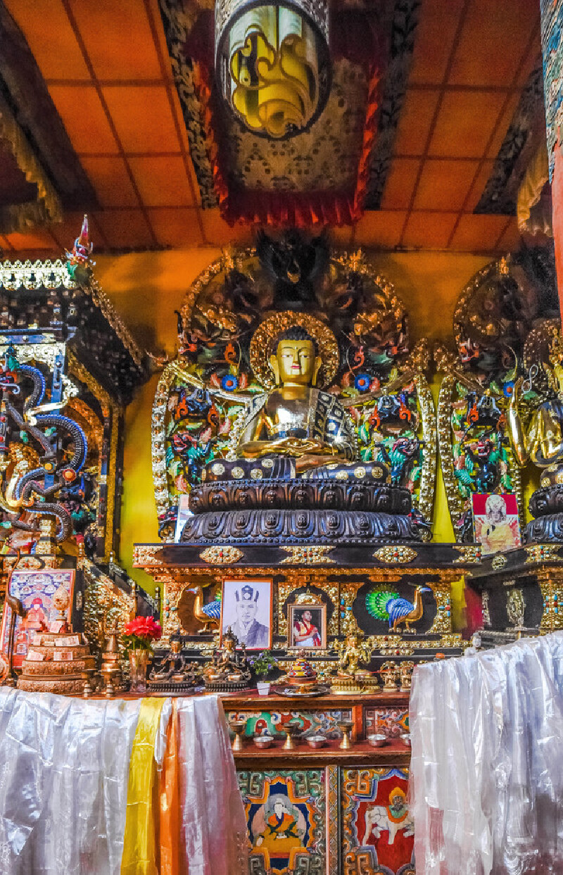 壁画,根据佛语而制定的毗奈耶律的全部内容;大殿供奉的唐卡为噶玛噶举