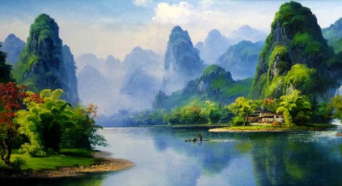 等菜的时候,在饭店旁边的油画店里拍了两张照片.这是画中的漓江风光.