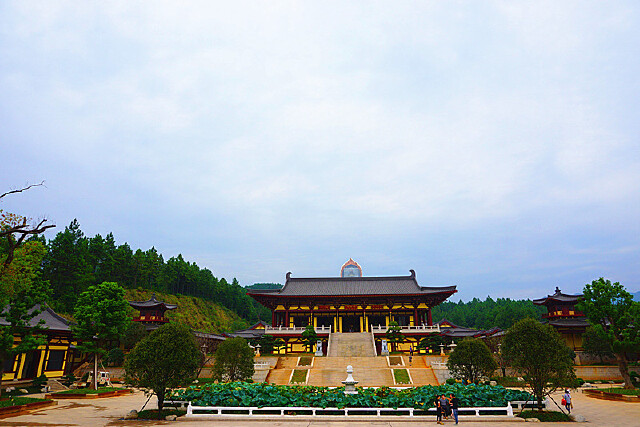   三圣殿全长90米,殿前是七宝莲池