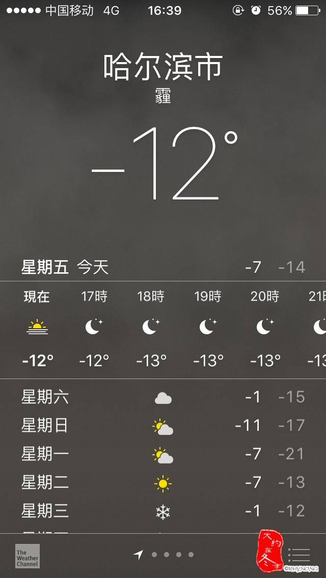 到达哈尔滨机场,此时地面温度负