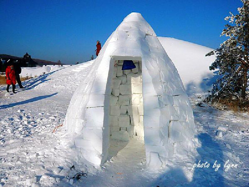 根河冰雕广场上惟妙惟肖的驯鹿雕像