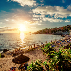 Cala d'Hort Beach at sunset. Balearic Islands. Ibiza