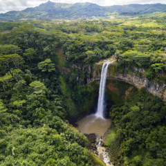 Aerial top view perspective of Chamarel Waterfall in the tropical island jungle of Mauritius
