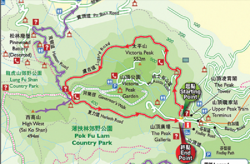 这张太平山顶环回步行径示意图表明了起止