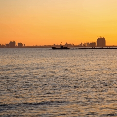红色夕阳照映下的大海和城市的海岸线_3922
