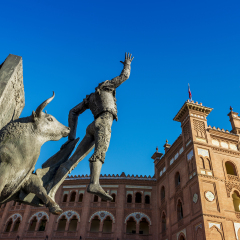 Madrid Landmark. Bullfighter sculpture in front of Bullfighting arena Plaza de Toros de Las Ventas in Madrid, a touristic sightseeing of Spain. 