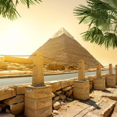Pyramid of Khafre and asphalted road with columns