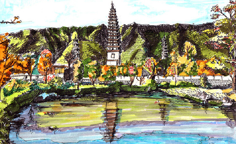 插画来自网络,这张图才真的是三塔倒影公园