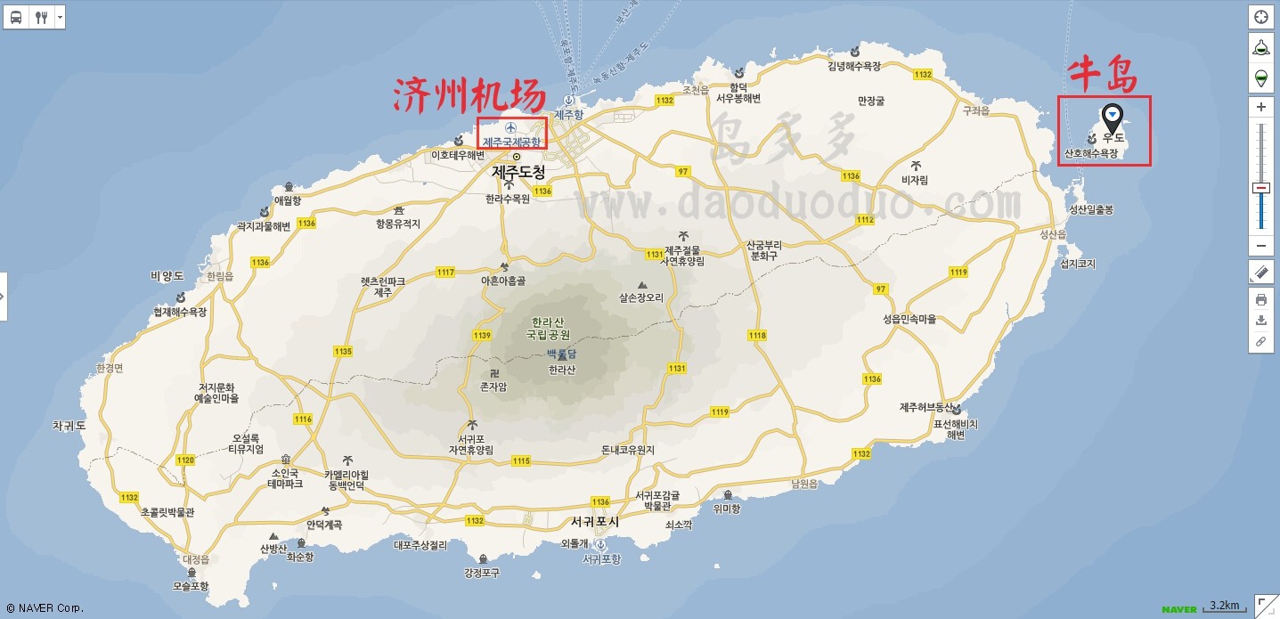 这是牛岛和济州岛的地图,可以直观的看一下牛岛的位置.