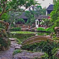 Photo of a garden in Suzhou near Shanghai, China, stylized and filtered to resemble an oil painting.