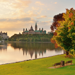Ottawa city skyline at sunrise in the morning park view over river
