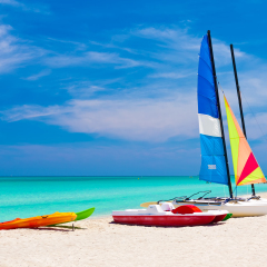 Sailing boats, catamarans, kayaks and water bikes in the beautiful cuban beach of Varadero