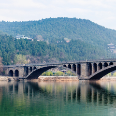 travel to China - view of Longmen Bridge over Yi River (Yi He) and East Hill of Chinese Buddhist monument Longmen Grottoes (Dragon's Gate Grottoes, Longmen Caves) in spring season