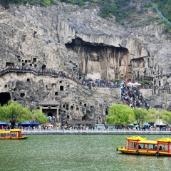 The main Longmen Grotto from across the Yi River
