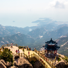 Pavilion on the top of Jufeng trail, Laoshan Mountain, Qingdao, China. Jufeng is the highest trail in Laoshan, where visitors can enjoy beautiful aerial views of the landscape