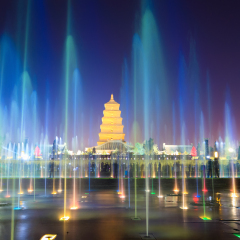 big wild goose pagoda in Xi'an at night with fountains,China.