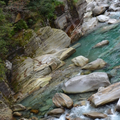 Crystal clear river with rocks, water landscape in Switzerland