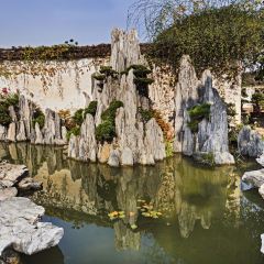 Mini rock formation from still water pond in a public garden of Suzhou city in China on a bright sunny autumn day.